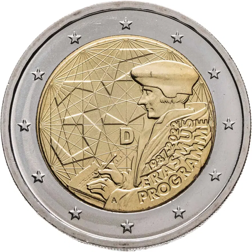Германия 2 евро (euro) 2022 35 лет программы Erasmus, знак монетного двора "А" - Берлин, аверс