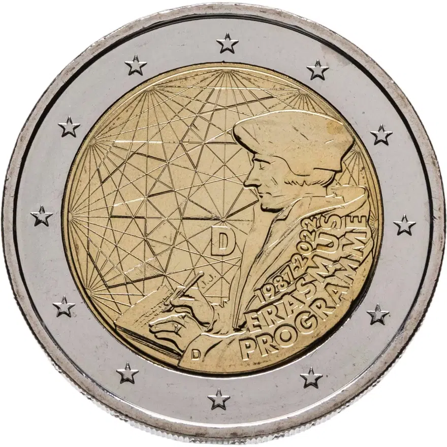 Германия 2 евро (euro) 2022 35 лет программы Erasmus, знак монетного двора "D" - Мюнхен, аверс