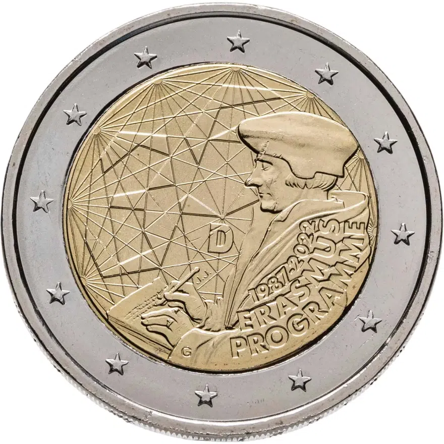 Германия 2 евро (euro) 2022 35 лет программы Erasmus, знак монетного двора "G" - Карлсруэ, аверс