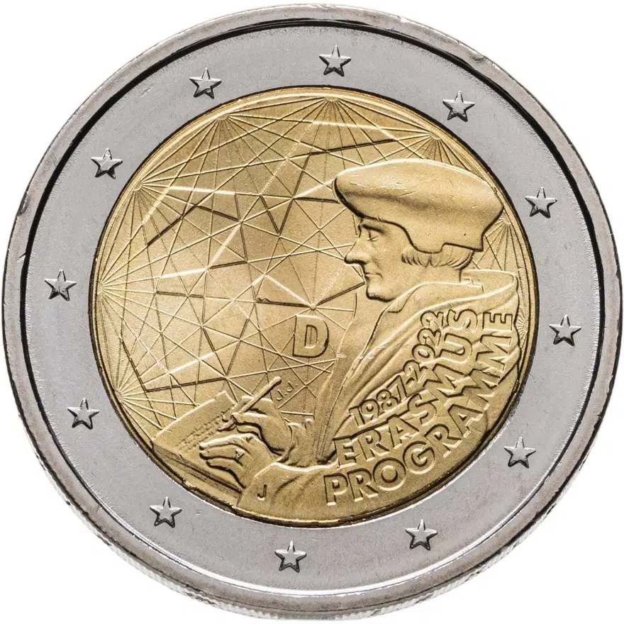 Германия 2 евро (euro) 2022 35 лет программы Erasmus, знак монетного двора "J" - Гамбург, реверс
