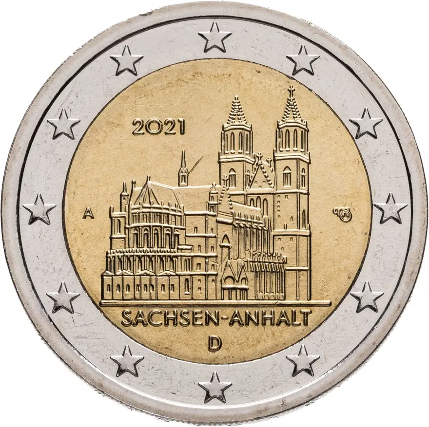 Германия 2 евро (euro) 2021 Федеральная земля Саксония-Анхальт - Магдебургский собор, знак монетного двора "А" - Берлин, аверс