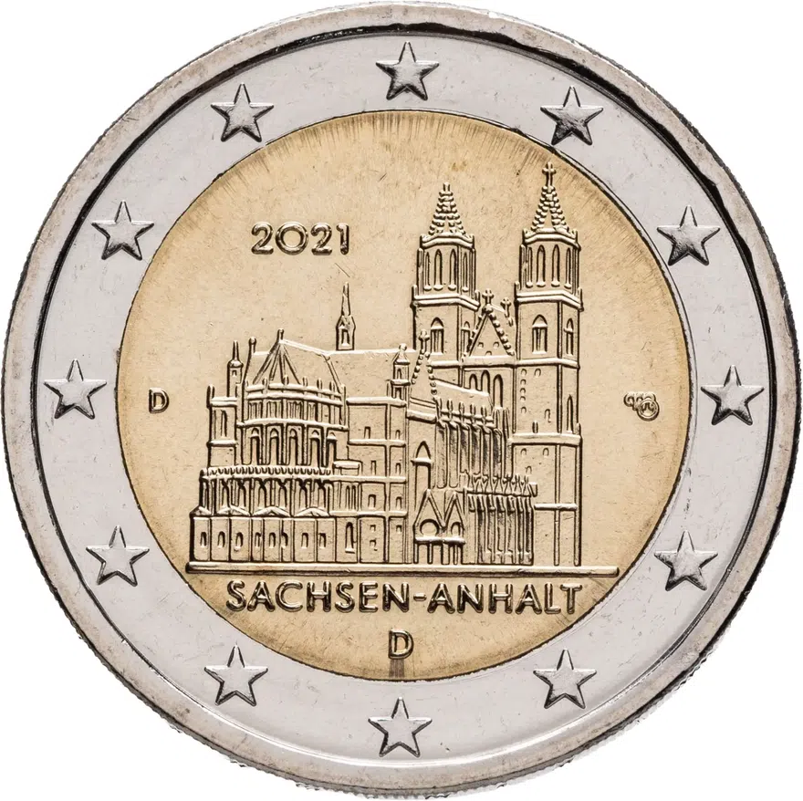 Германия 2 евро (euro) 2021 Федеральная земля Саксония-Анхальт - Магдебургский собор, знак монетного двора "D" - Мюнхен, аверс