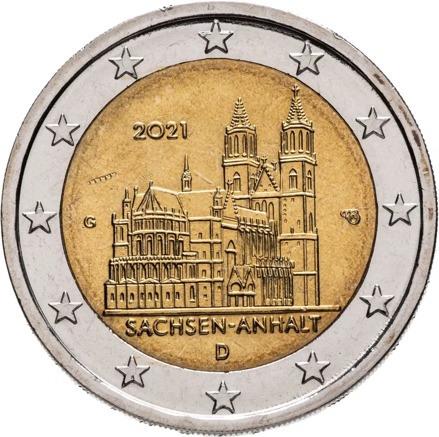 Германия 2 евро (euro) 2021 Федеральная земля Саксония-Анхальт - Магдебургский собор, знак монетного двора "G" - Карлсруэ, аверс
