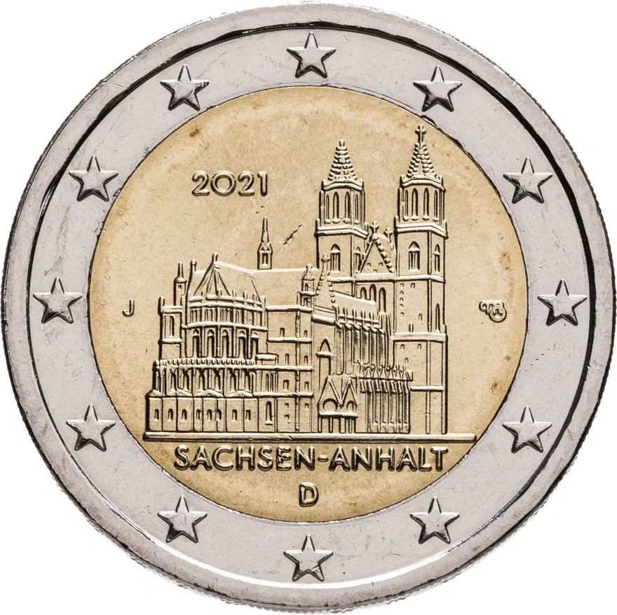 Германия 2 евро (euro) 2021 Федеральная земля Саксония-Анхальт - Магдебургский собор, знак монетного двора "J" - Гамбург, аверс