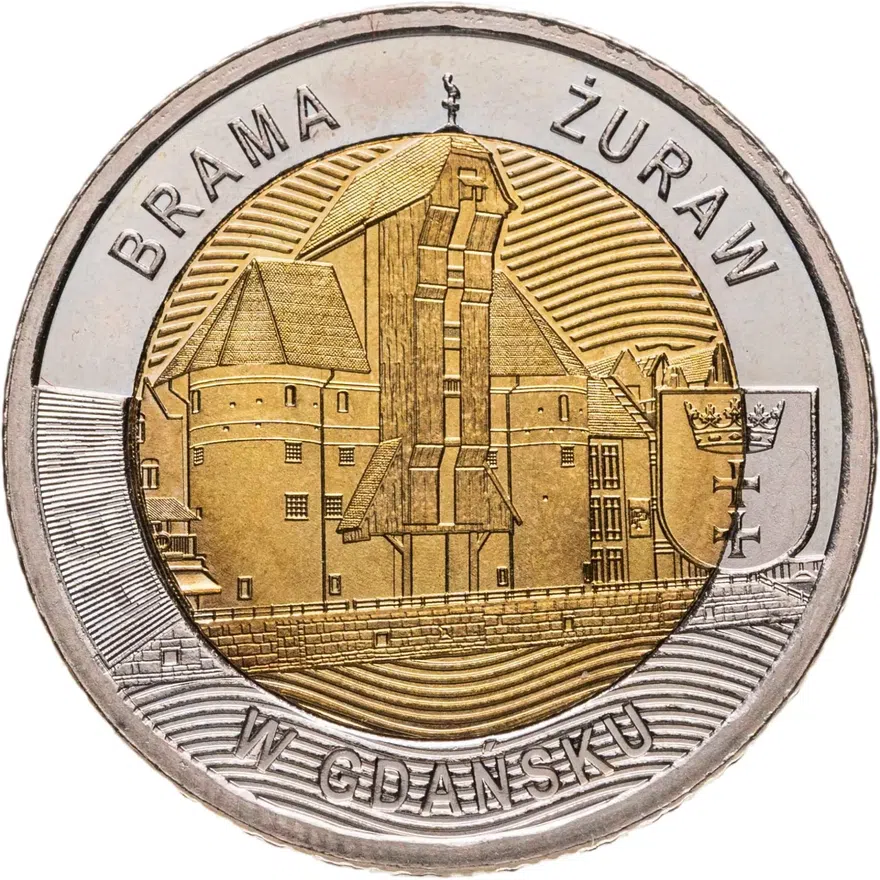 Польша 5 злотых 2021 "Ворота-кран в Гданьске", аверс