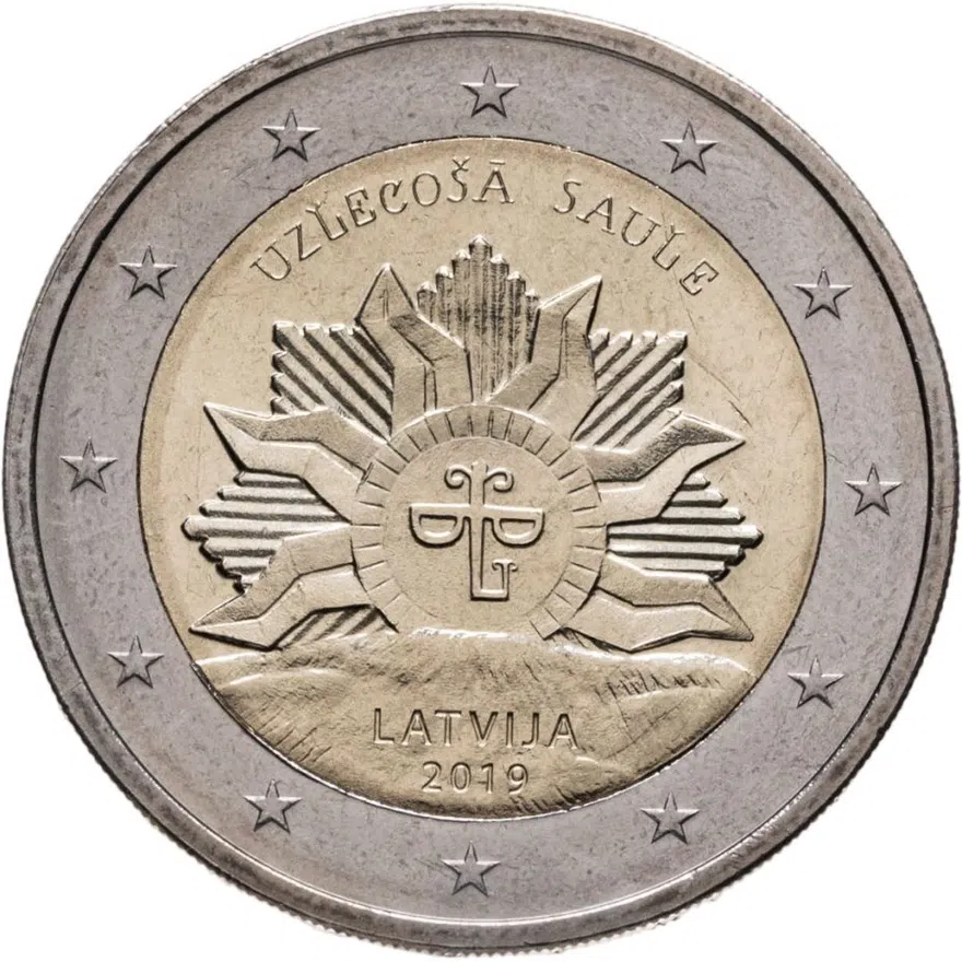 Латвия 2 евро (euro) 2019 Восходящее солнце, аверс