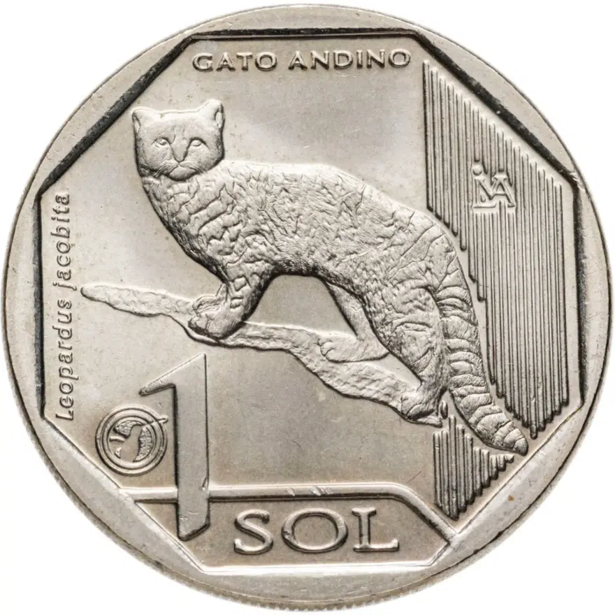 Перу 1 соль 2019 "Андская Кошка" (Leopardus jacobita), серия "Вымирающая дикая природа Перу"