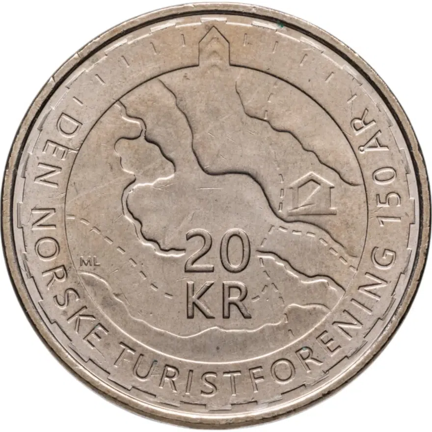 Норвегия 20 крон 2018 "150 лет норвежской треккинговой ассоциации", аверс
