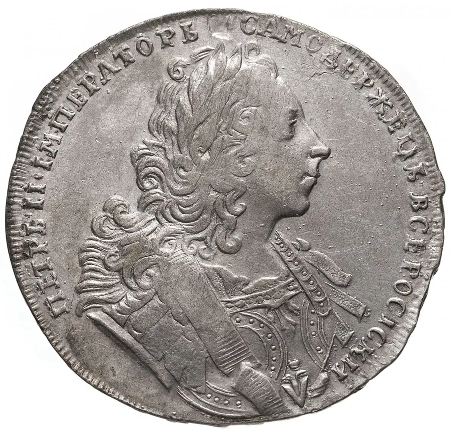 1 рубль 1729 тип 1729 года, портрет с орденской лентой (лисий нос), без заклепок над обрезом рукава