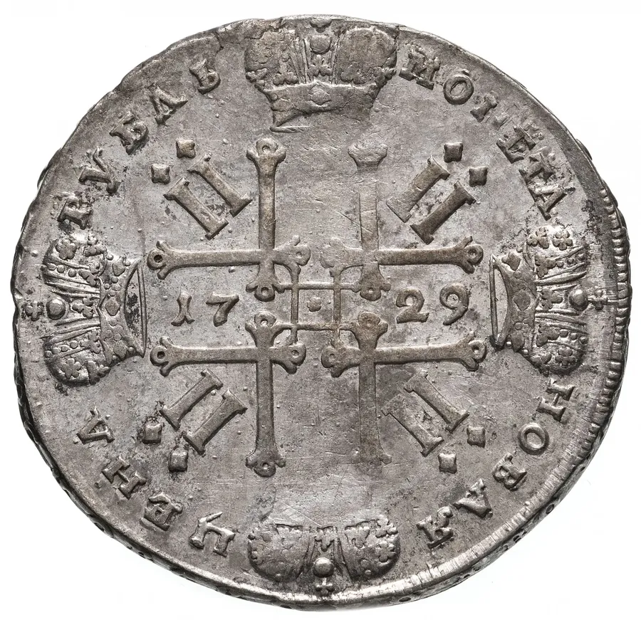1 рубль 1729 тип 1729 года, портрет с орденской лентой (лисий нос), без заклепок над обрезом рукава, реверс