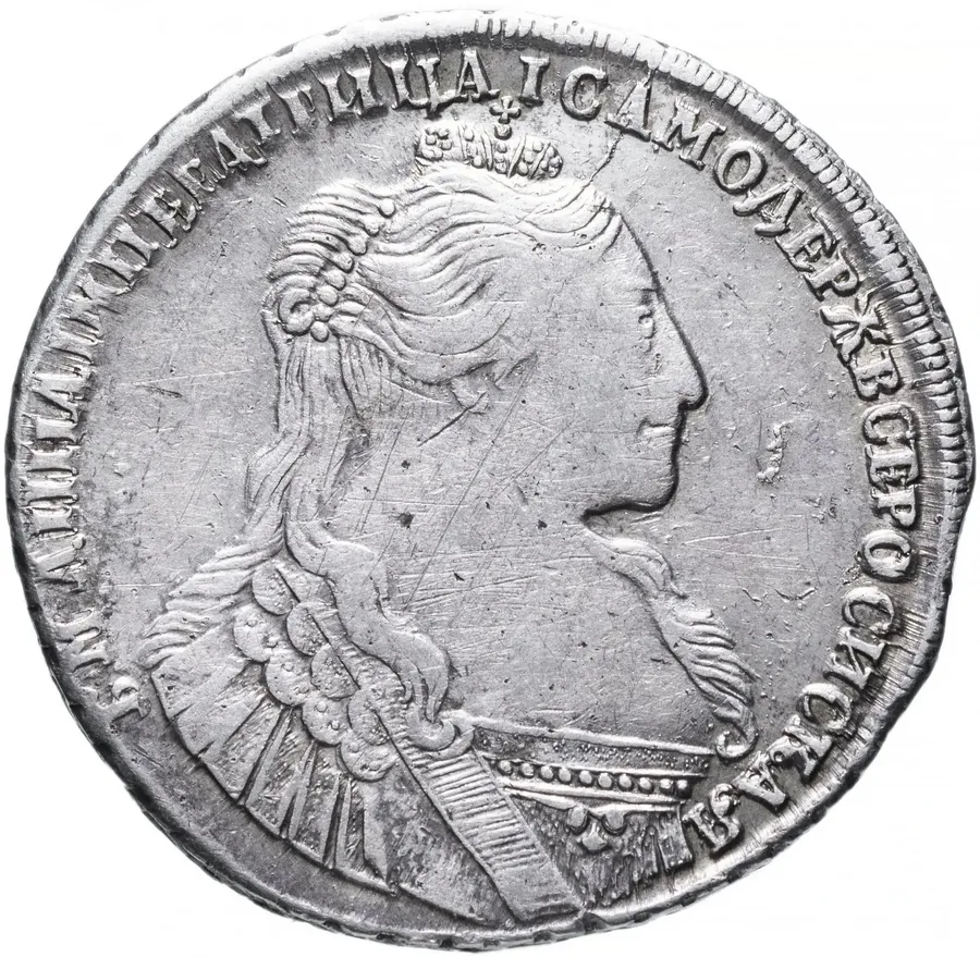 1 рубль 1734    тип 1735, с кулоном на груди, две ленты наплечника на левом плече, реверс