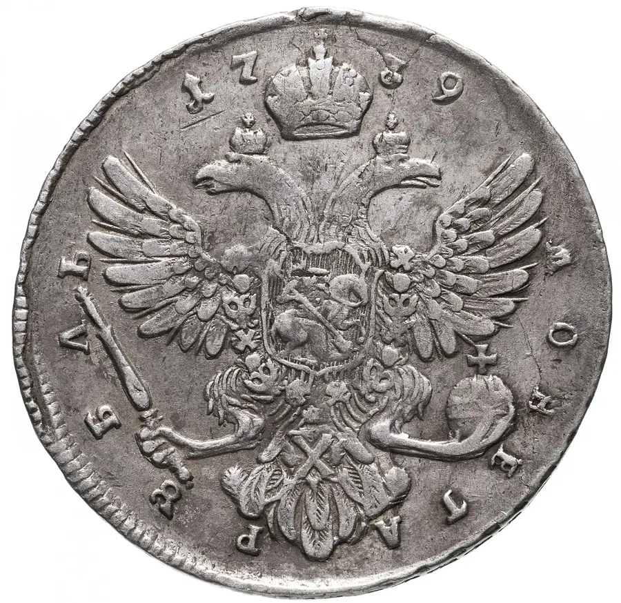 1 рубль 1739    московский тип, 5 жемчужин в прическе, реверс