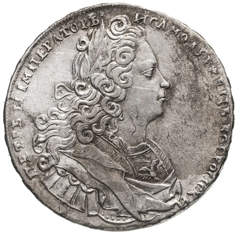 1 рубль 1728    тип 1727 года, с бантом у венка, голова разделяет надпись