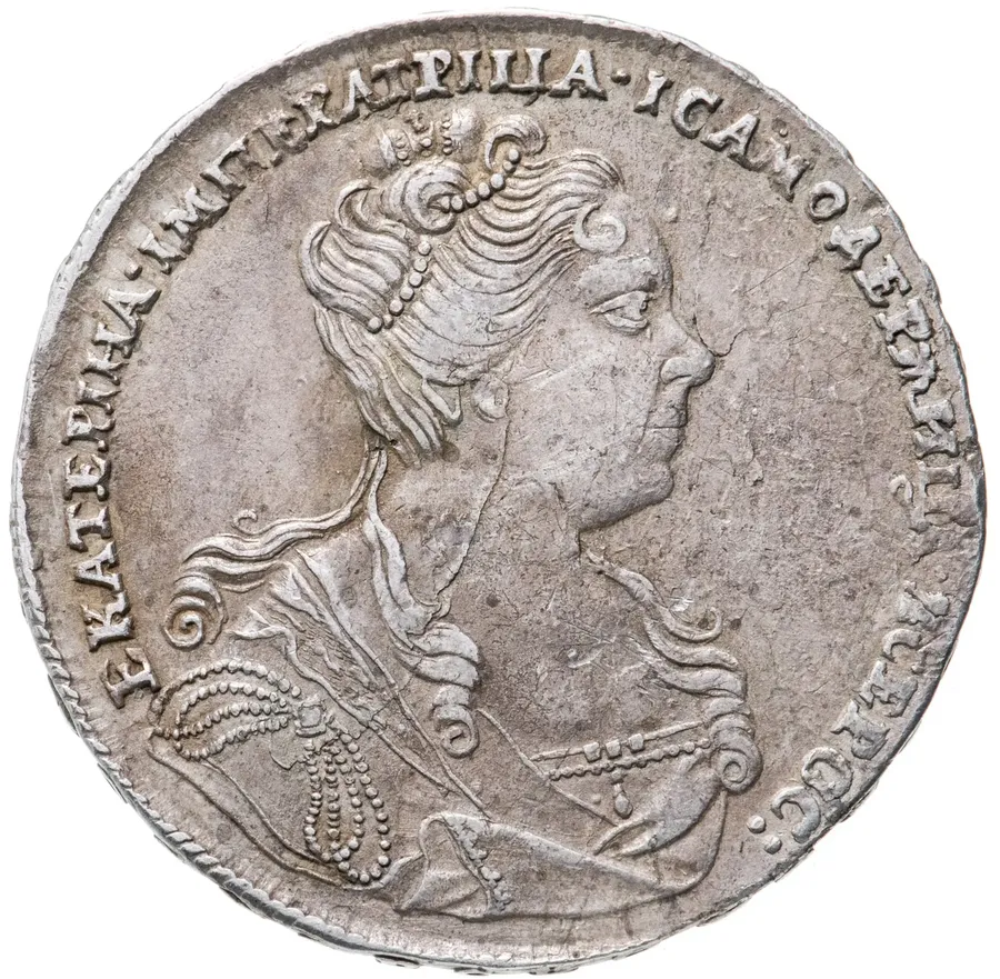 1 рубль 1727    московский тип, портрет вправо, под хвостом орла две звезды