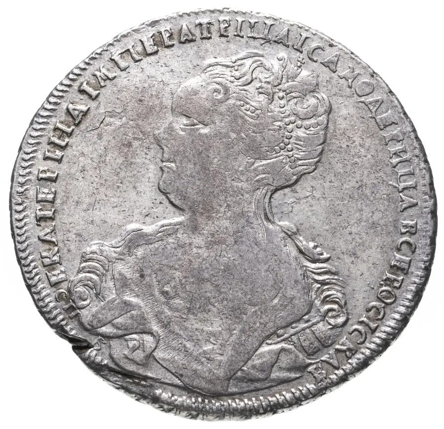 1 рубль 1725 СПБ  Екатерина I, петербургский тип, портрет влево, СПБ в начале круговой надписи аверса, "САМОДЕРИЦА"