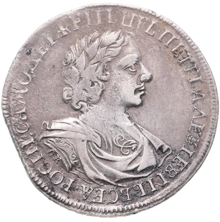 1 рубль 1719 OK  портрет в латах, без знака минцмейстера, арабески на груди, аверс