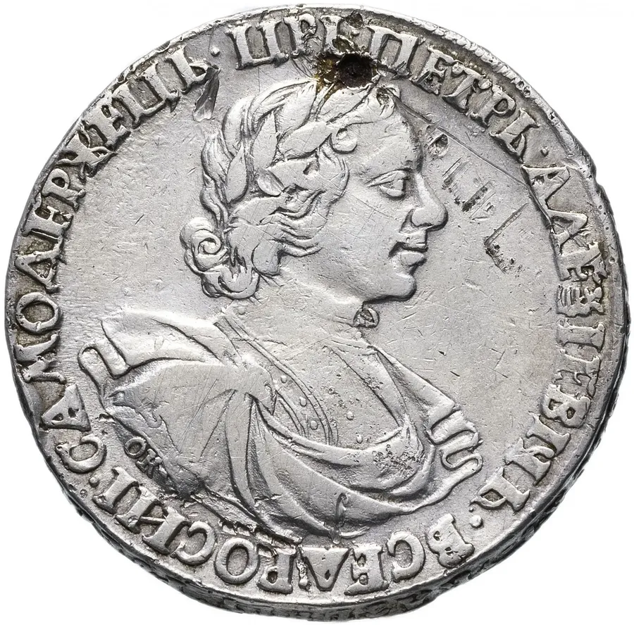 1 рубль 1719 портрет в латах, знак медальера ОК, без обозначения минцмейстера, Биткин 271 (R2), аверс
