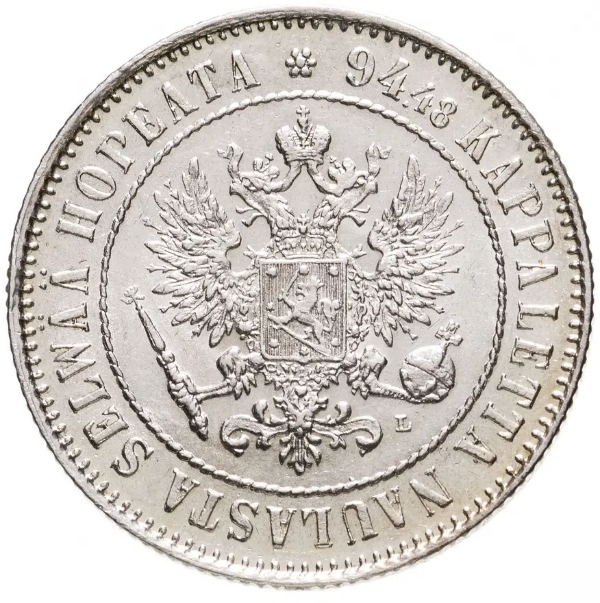 1 марка 1907 L, монета для Финляндии, реверс
