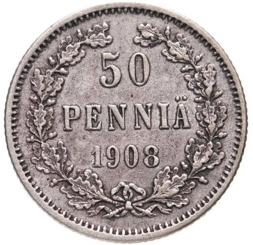 50 пенни 1908 L, монета для Финляндии