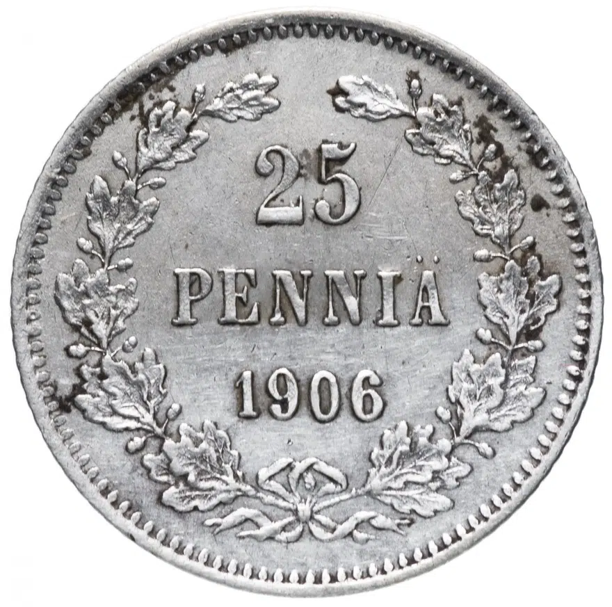25 пенни (pennia) 1906 L монета для Финляндии, аверс
