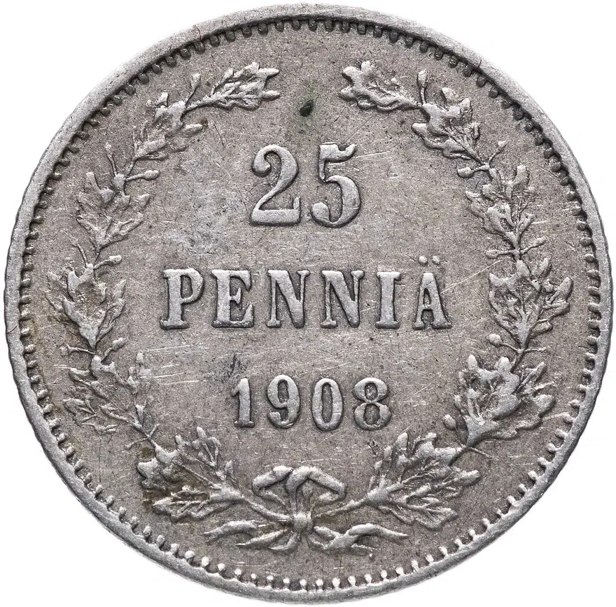 25 пенни 1908 L, монета для Финляндии