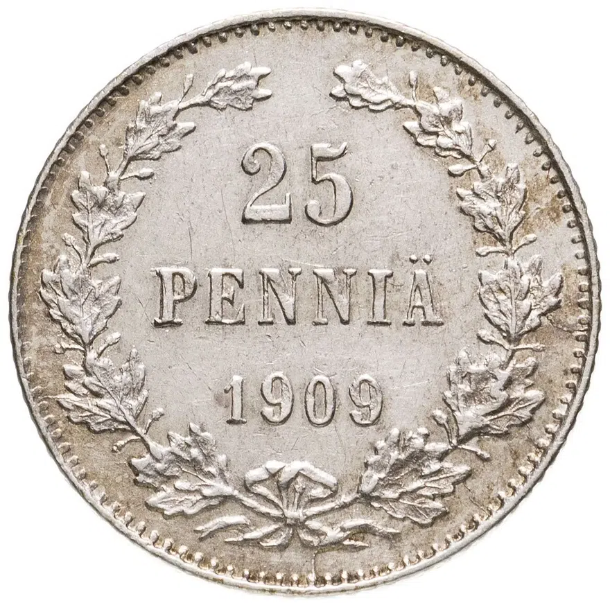 25 пенни (pennia) 1909, монета для Финляндии L