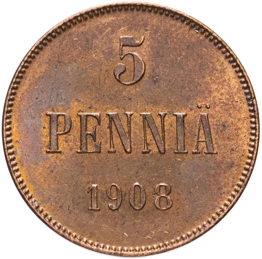 5 пенни (pennia) 1908, для Финляндии