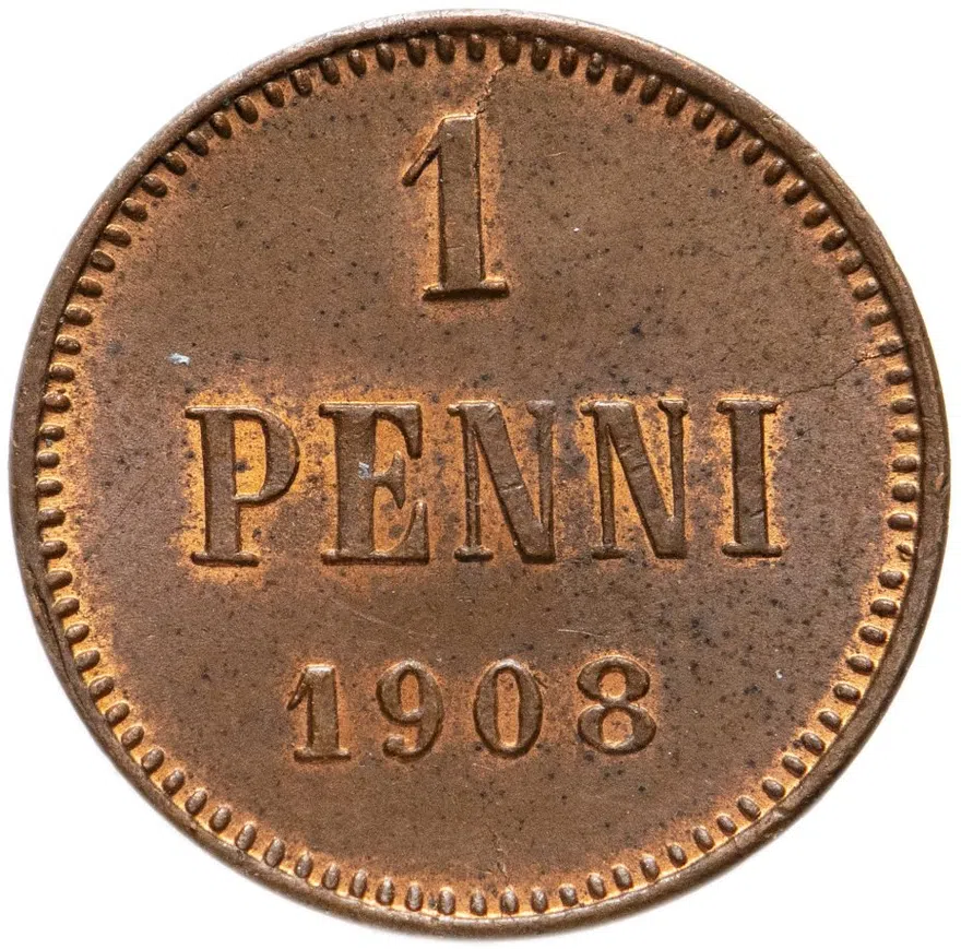1 пенни (penny) 1908, монета для Финляндии
