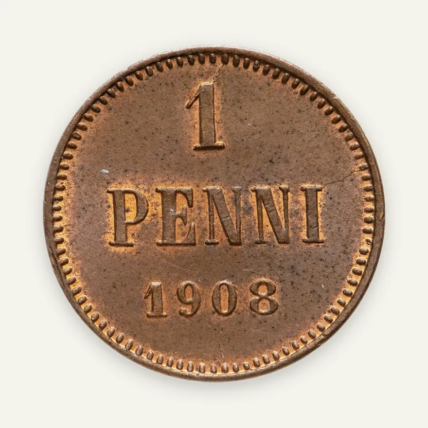 1 пенни (penny) 1908, монета для Финляндии, реверс