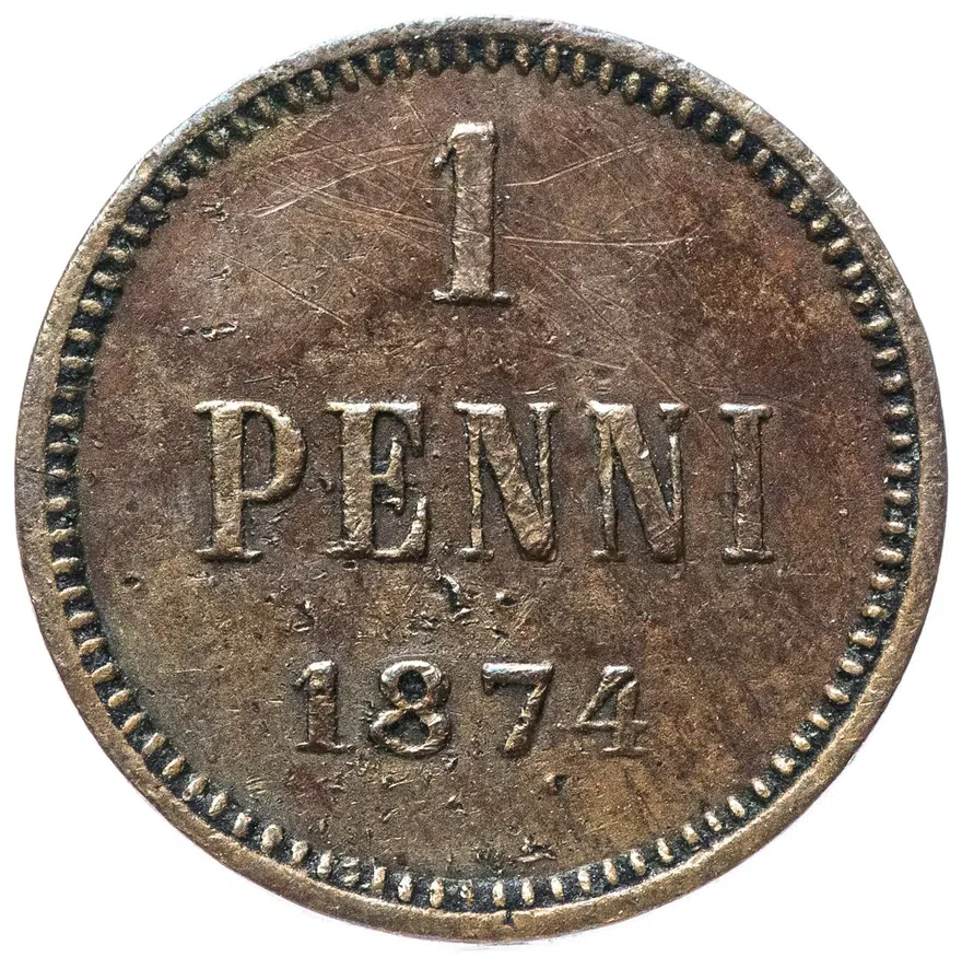 1 пенни (penny) 1874 монета для Финляндии